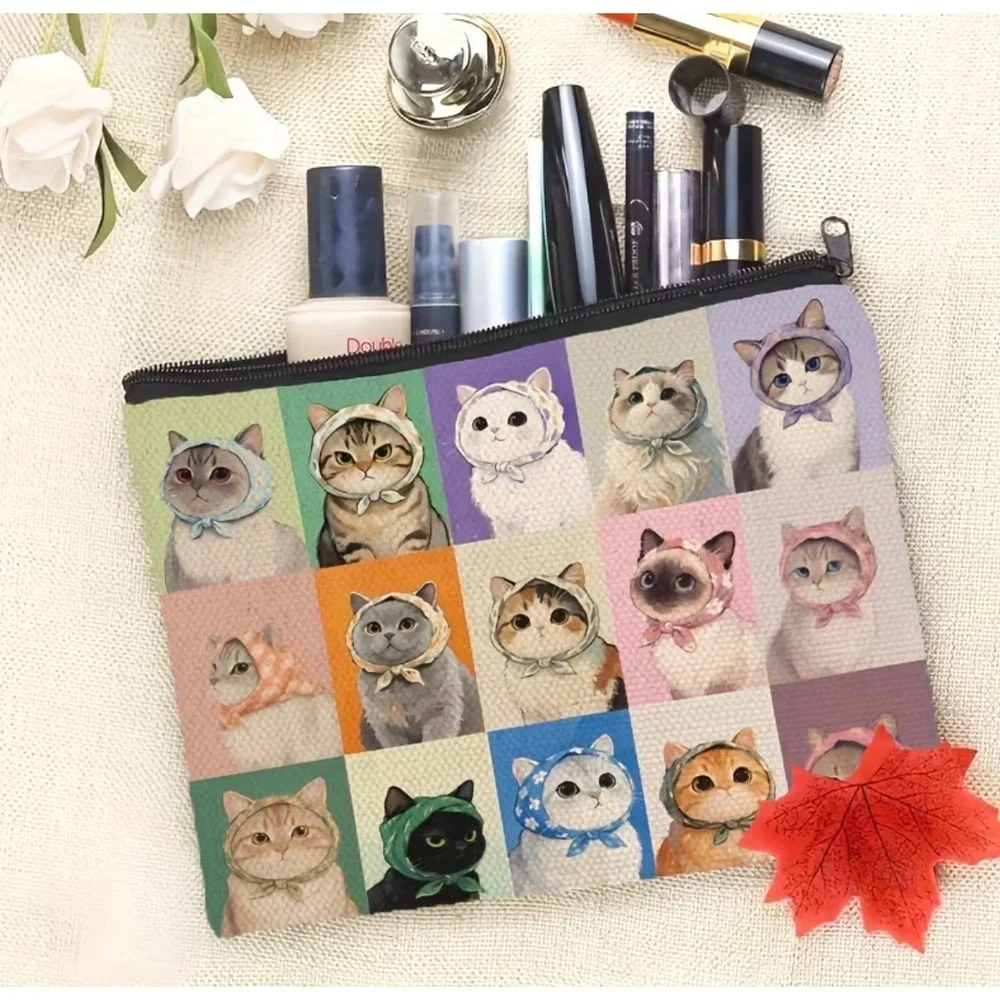 Babushka Cat Print Cosmetic Bag Women Multicolor Whimsical New
